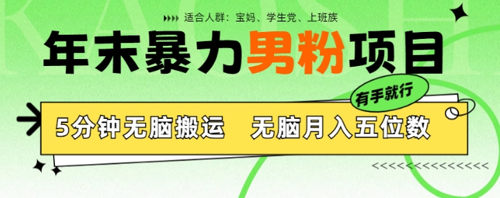 年末暴力男粉项目，5分钟无脑搬运，无脑月入五位数，举一反三，放大收益-骏阁网