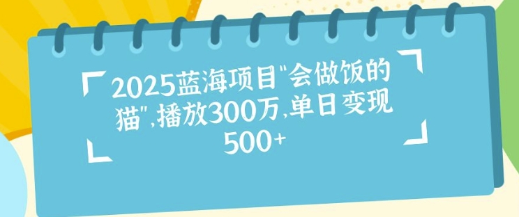 2025蓝海项目“会做饭的猫”，播放300万，单日变现多张-骏阁网