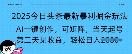 2025今日头条最新暴利掘金玩法，AI一键创作，可矩阵，当天起号，第二天见收益轻松日入多张-骏阁网