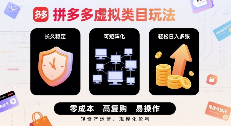 拼多多虚拟类目玩法，长久稳定，可矩阵化，轻松日入多张-骏阁网