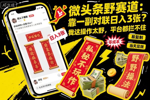 微头条野赛道，靠一副对联日入3张？我这操作太野，平台都拦不住！-骏阁网