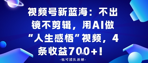 视频号新蓝海：不出镜不剪辑，用AI做“人生感悟”视频，4条收益7张-骏阁网