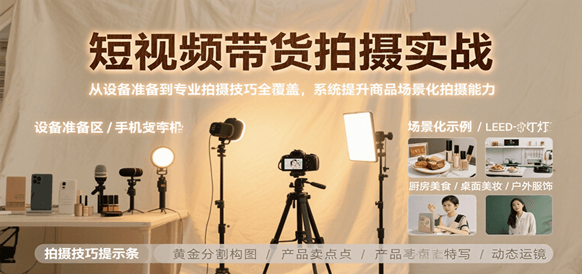 0dd9bf7fd4f02f04d391b5417f2315e6.png 短视频带货拍摄实战,从设备准备到专业拍摄技巧全覆盖,系统提升商品场景化拍摄能力