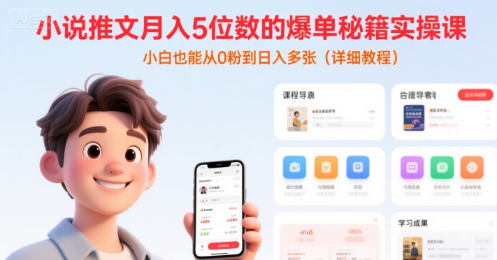 小说推文月入5位数的爆单秘籍实操课，，小白也能从0粉到日入多张(详细教程)-骏阁网