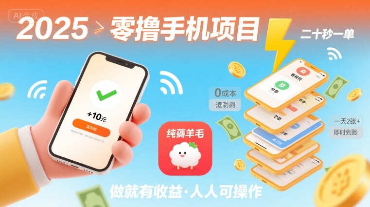 2025年零撸手机项目，二十秒一单，纯薅羊毛 一天2张+做就有-骏阁网