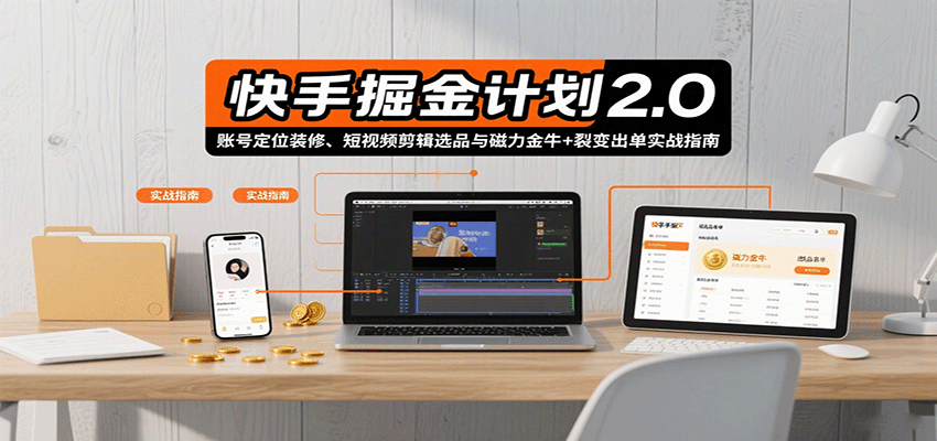 快手掘金计划2.0，账号定位装修、短视频剪辑选品与磁力金牛+裂变出单实战指南-骏阁网