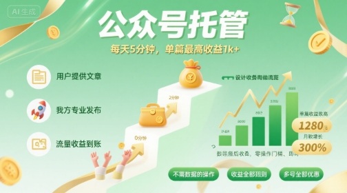 【公众号托管 】我提供文章，你发布，每天5分钟，单篇最高收益1k+【揭秘】-骏阁网
