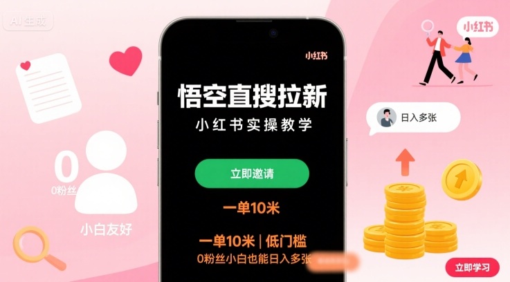 be42c1e31b8c360c9cad4c3a9be0e029.jpeg 悟空直搜拉新小红书实操教学,一单10米,低门槛,0粉丝小白也能日入多张