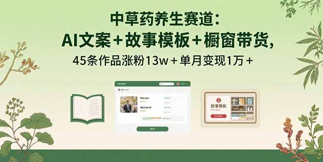 中草药养生赛道：AI文案+故事模板+橱带货，45条作品涨粉13w+单月变现1万+-骏阁网