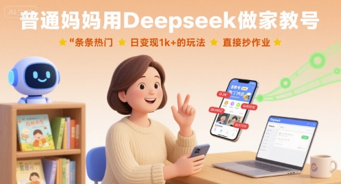普通妈妈用Deepseek做家教号，条条热门，日变现1k+的玩法，直接抄作业-骏阁网