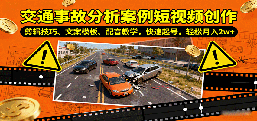 交通事故分析案例短视频创作，剪辑技巧、文案模板、配音教学，快速起号，轻松月入2w+-骏阁网