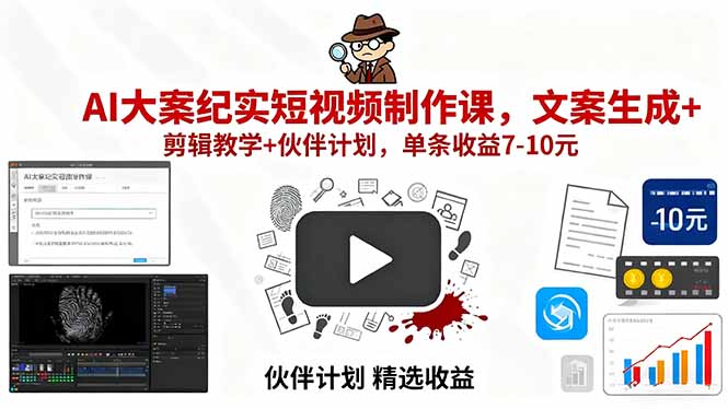 AI大案纪实短视频制作课，文案生成+剪辑教学+伙伴计划，单条收益7-10元-骏阁网