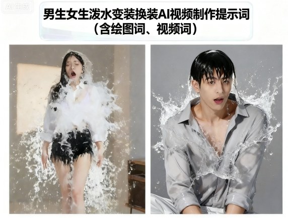 33196277a4c74138710ef4f9e590b307.jpeg 男生女生泼水变装换装AI视频制作提示词(含绘图词、视频词)