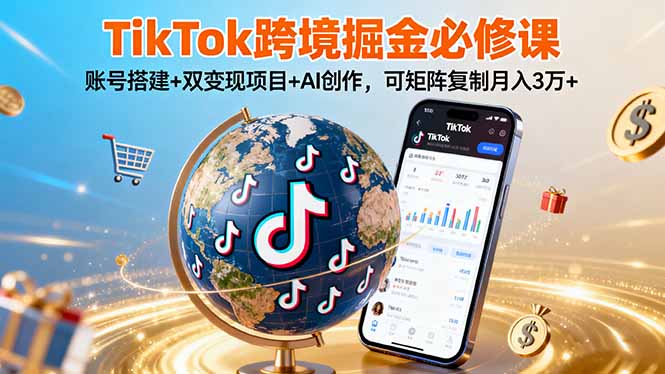 TikTo跨境掘金必修课，账号搭建+双变现项目+AI创作，可矩阵复制月入3万+-骏阁网