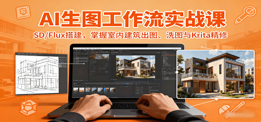 60027a496dffa8aab7e127727fe6cba2.png AI生图工作流实战课:SD/Flux搭建,掌握室内建筑出图、洗图与Krita精修