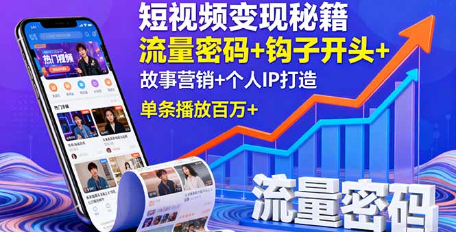 短视频变现秘籍，流量密码+钩子开头+故事营销+个人IP打造，单条播放百万+-骏阁网