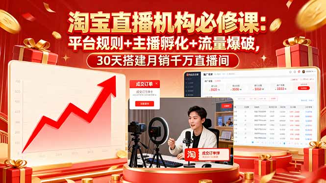 淘宝直播机构必修课：平台规则/主播孵化/流量爆破,30天搭建月销千万直播间-骏阁网