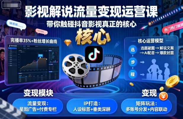 影视解说流量变现运营课，带你触碰抖音影视真正的核心-骏阁网