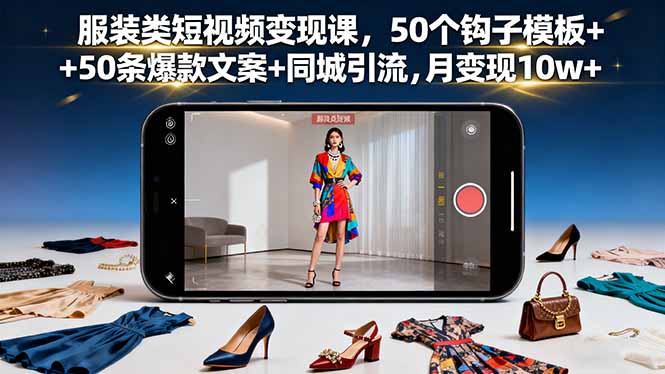 服装类短视频变现课，50个钩子模板+50条爆款文案+同城引流，月变现10w+-骏阁网