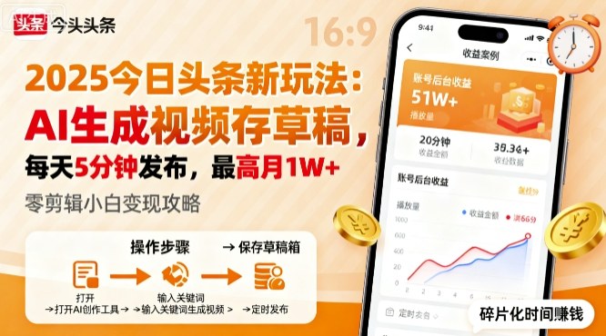 5b498381e1aaf4a9ab7bd42bec2f392e.jpeg 2025年今日头条躺賺新玩法,AI生成视频存草稿,每天5分钟发布,最高月1W+【揭秘】