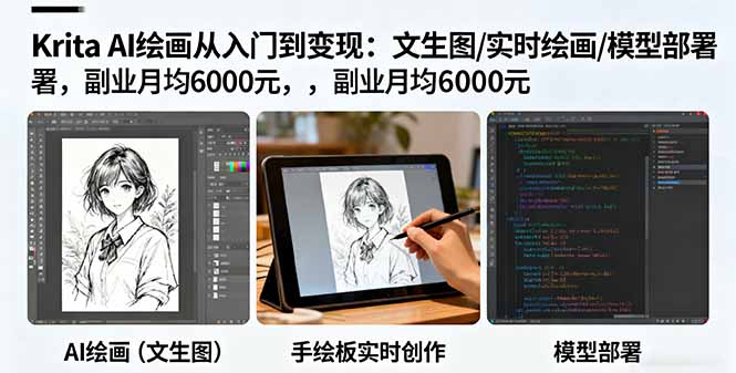 Krita AI绘画从入门到变现：文生图/实时绘画/模型部署，副业月均6000元-骏阁网