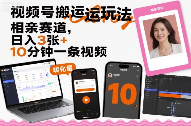 视频号搬运玩法，相亲赛道，日入3张+，10分钟一条视频-骏阁网