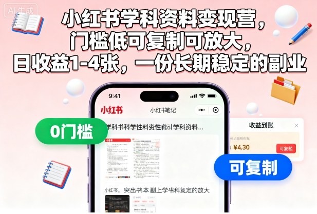 小红书学科资料变现营，门槛低可复制可放大，日收益1-4张，一份长期稳定的副业-骏阁网