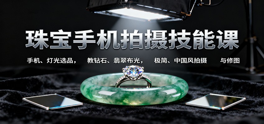 珠宝手机拍摄技能课:手机、 灯光选品，教钻石、翡翠布光，极简、中国风拍摄与修图-骏阁网