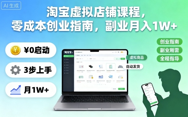 淘宝虚拟店铺课程，零成本创业指南，副业月入1W+-骏阁网