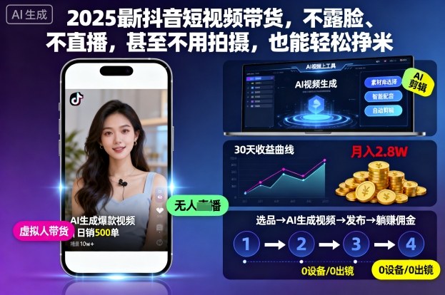 2025最新抖音短视频带货，不露脸、不直播，甚至不用拍摄，也能轻松挣米-骏阁网
