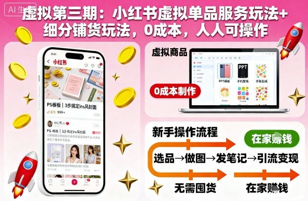 虚拟第三期：小红书虚拟单品服务玩法+细分铺货玩法，0成本，人人可操作-骏阁网