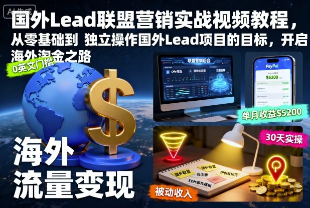 国外Lead联盟营销实战视频教程，从零基础到独立操作国外Lead项目的目标，开启海外淘金之路-骏阁网