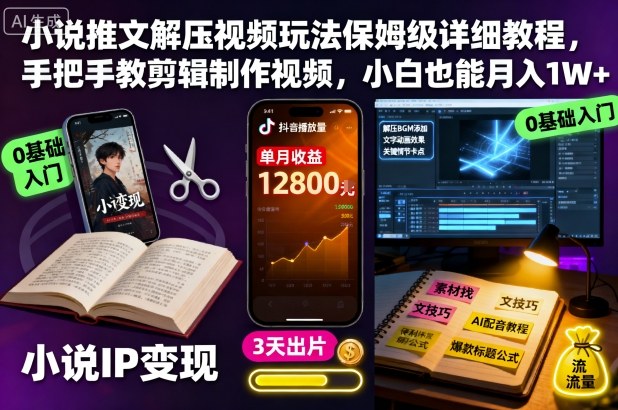 小说推文解压视频玩法保姆级详细教程，手把手教剪辑制作视频，小白也能月入1W+-骏阁网