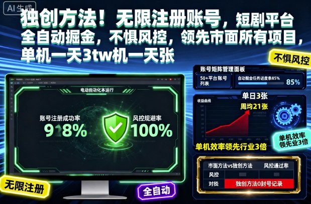 独创方法！无限注册账号，短剧平台全自动掘金，不惧风控，领先市面所有项目，单机一天3张【揭秘】-骏阁网