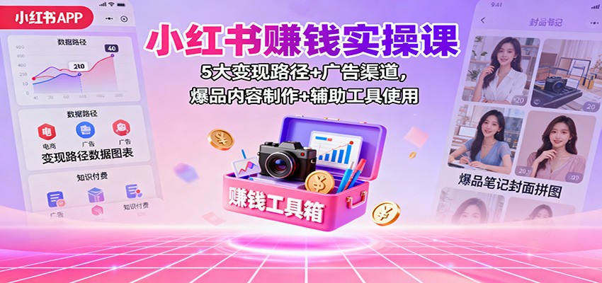 小红书赚钱实操课：5大变现路径+广告渠道，爆品内容制作+辅助工具使用-骏阁网