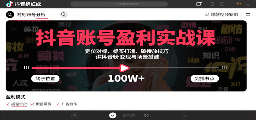 抖音账号盈利实战课，定位对标、标签打造、破播放技巧，讲涨粉变现与场景搭建-骏阁网