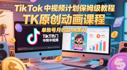 TikTok中视频计划保姆级教程，TK原创动画课程，单账号月收益4k美刀-骏阁网