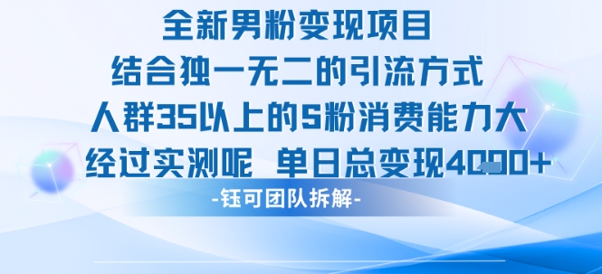 全新男粉变现项目引流人群35以上的男粉消费能力大 经过实测单日变现1k+-骏阁网