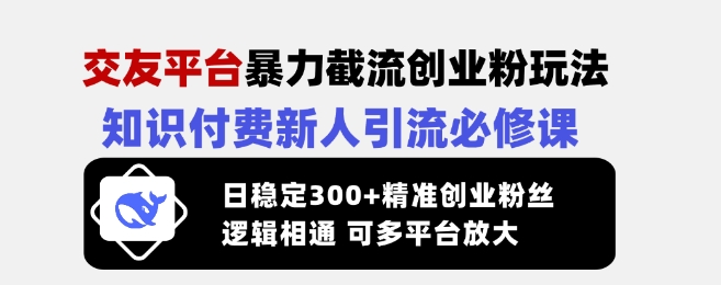 交友平台暴力截流创业粉玩法，知识付费新人引流必修课，日稳定300+精准创业粉丝，逻辑相通可多平台放大-骏阁网