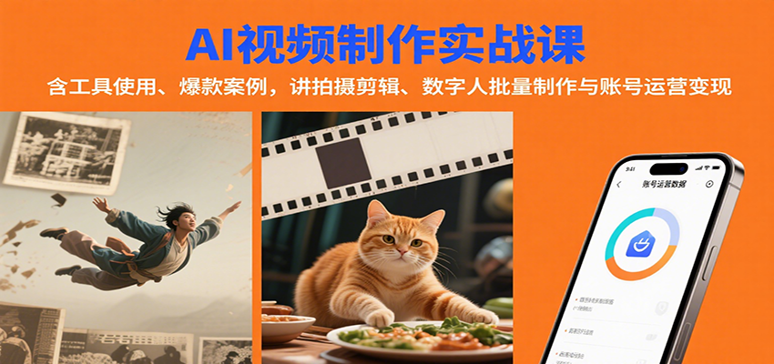 AI视频制作实战：含工具使用、爆款案例，讲拍摄剪辑、数字人批量制作与账号运营变现-骏阁网