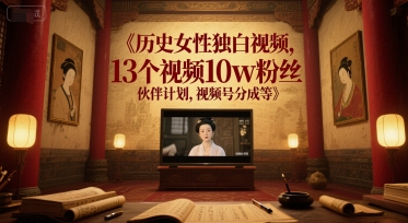 历史女性独白视频，13个视频10w粉丝，伙伴计划，视频号分成等-骏阁网