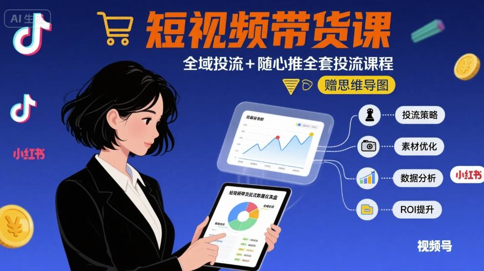 最新短视频带货课，全域投流+随心推全套投流课程+思维导图-骏阁网