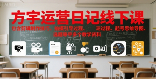 方宇运营日记线下课，包含剪辑制作技巧、拍摄引导过程、起号思维导图、选题等多个教学资料-骏阁网