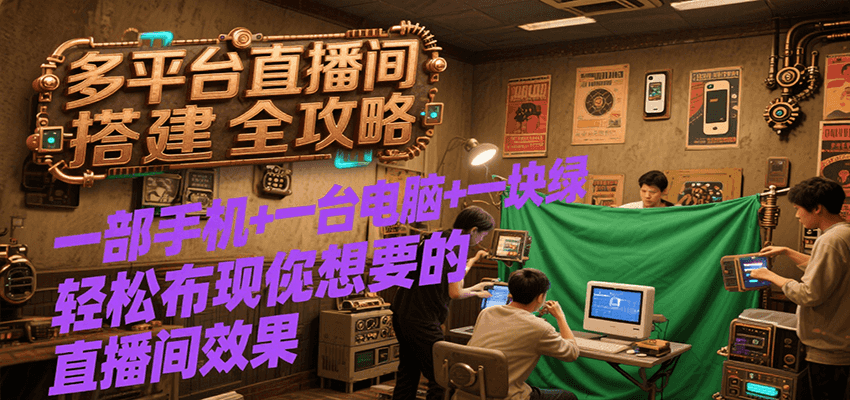 多平台直播间搭建全攻略，一部手机+一台电脑+一块绿布轻松实现你想要的直播间效果-骏阁网