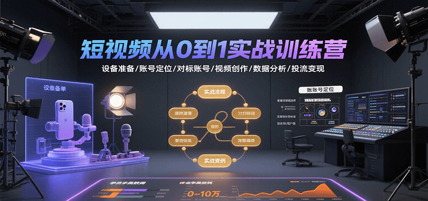 短视频从0到1实战训练营：设备准备/账号定位/对标账号/视频创作/数据分析/投流变现-骏阁网