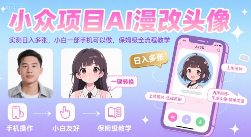 小众项目AI漫改头像，实测日入多张，小白一部手机可以做，保姆级全流程教学-骏阁网