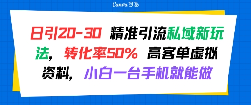 日引 20-30 精准引流私域新玩法，转化率50% 高客单虚拟资料，小白一台手机就能做-骏阁网