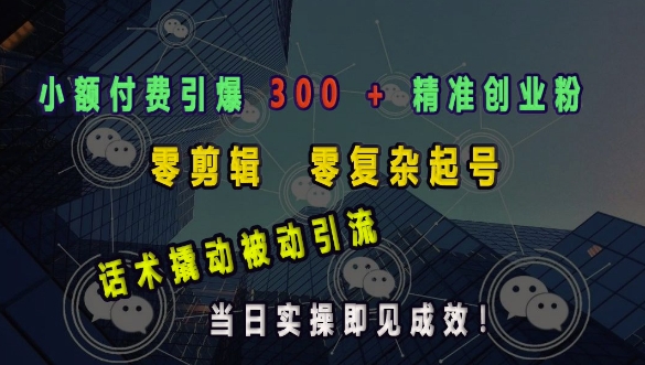 小额付费引爆 300 + 精准创业粉，零剪辑、零复杂起号，话术撬动被动引流，当日实操即见成效-骏阁网