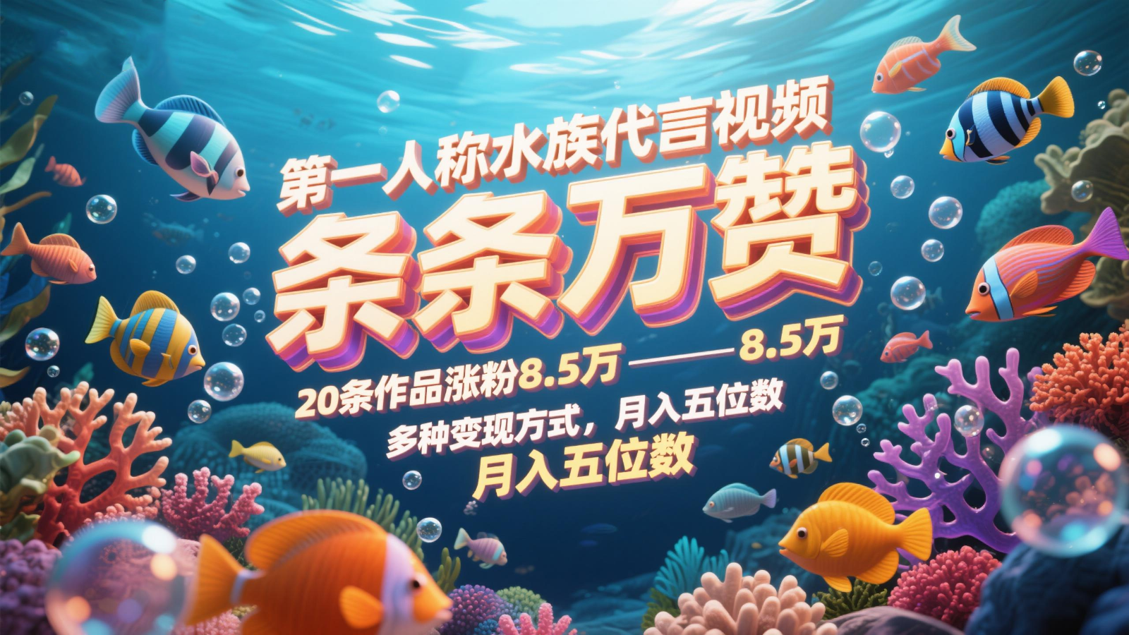 第一人称水族代言视频，条条万赞，20条作品涨粉8.5万，多种变现方式月，入五位数-骏阁网