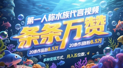 第一人称水族代言视频，条条万赞，20条作品涨粉7.8W，多种变现方式月入五位数-骏阁网